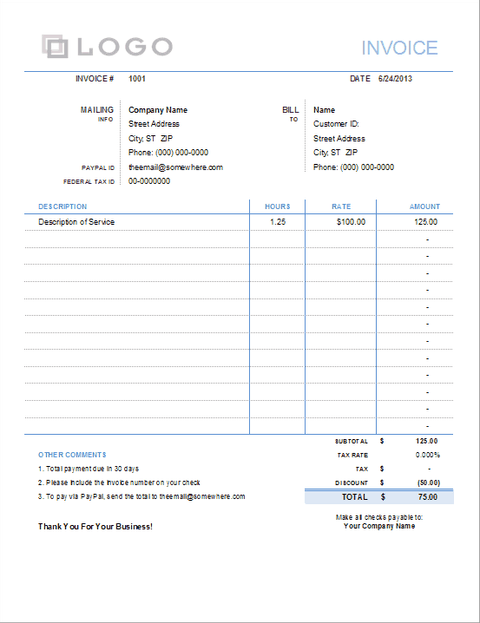 Invoice With Hours and Rate 